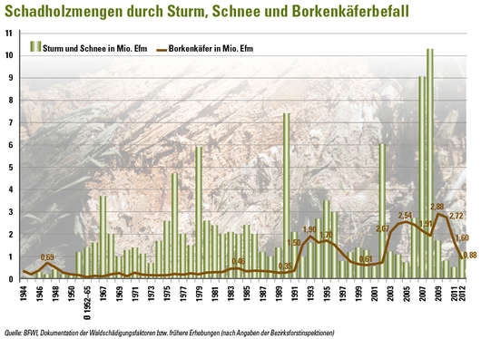 Grafik: Schadholzmengen durch Sturm  Schnee und Borkenk�ferbefall � RWA