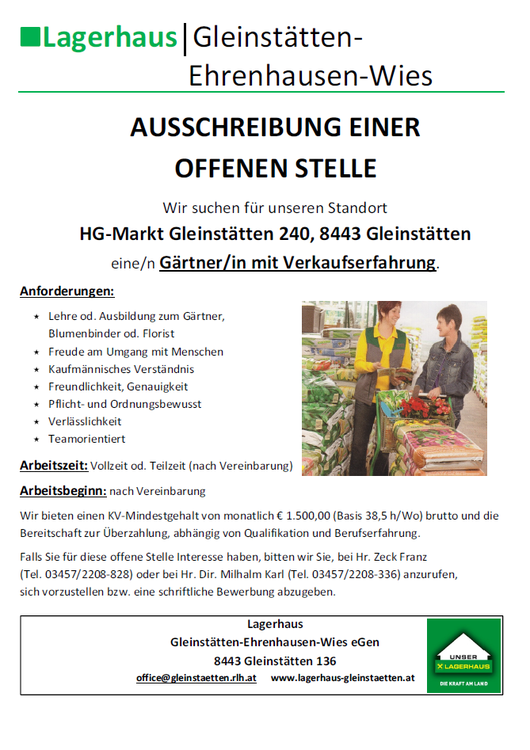 Stellenangebot Gärtner/in Lagerhaus